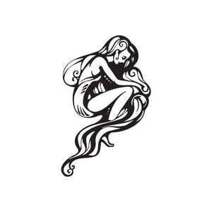 Aquarius girl wall decal, black line art of a mermaid with flowing hair