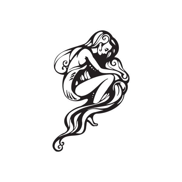 Aquarius girl wall decal, black line art of a mermaid with flowing hair