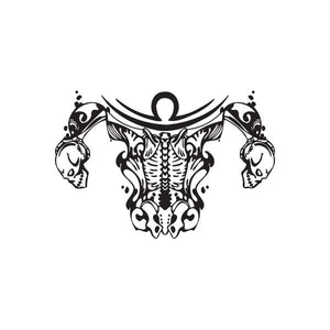 Libra skulls decal with central balance symbol, black-and-white line art