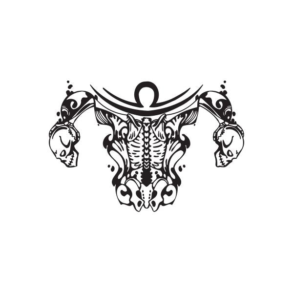 Libra skulls decal with central balance symbol, black-and-white line art