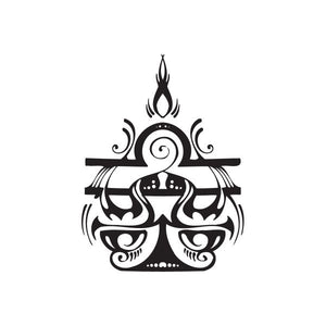 Tribal scales decal with flame and swirling scrollwork, black silhouette