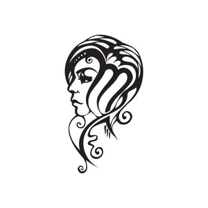 Virgo zodiac face symbol decal: black stylized woman head profile with swirling lines