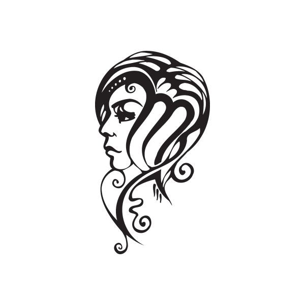 Virgo zodiac face symbol decal: black stylized woman head profile with swirling lines
