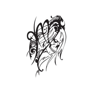 Black skull tattoo-style decal with ornate Virgo-style motif