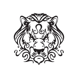 Lion head tattoo decal, black and white ornamental design