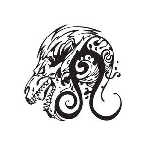 Black and white lion skull tattoo decal with ornate mane and swirl details