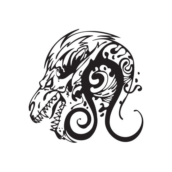 Black and white lion skull tattoo decal with ornate mane and swirl details