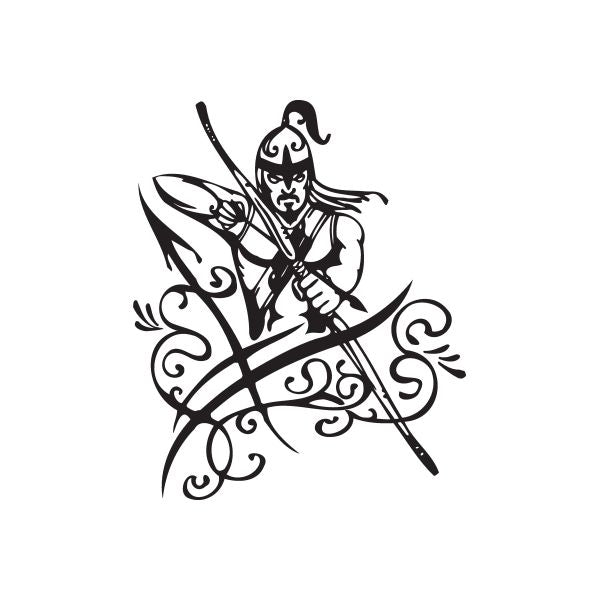 Black Sagittarius archer vinyl decal with bow, tribal swirls, and zodiac symbol