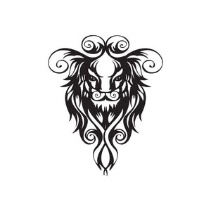 Lion head tattoo decal with curled mane, black-and-white ornamental tribal style.