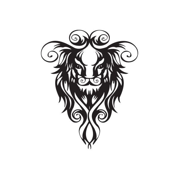 Lion head tattoo decal with curled mane, black-and-white ornamental tribal style.