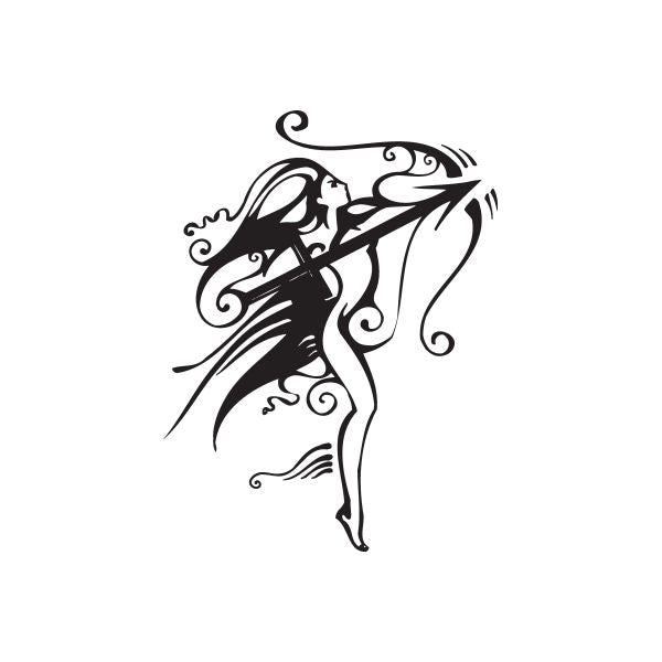 Black fairy archer decal with bow and arrow, flowing ornamental swirl design