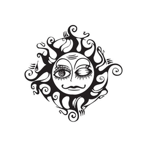 Fantasy zodiac wall decal: black stylized sun face with ornate swirl details