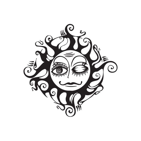 Fantasy zodiac wall decal: black stylized sun face with ornate swirl details