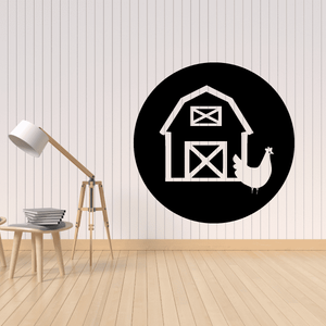 Round vinyl wall decal sticker with white farm barn icon on black circle