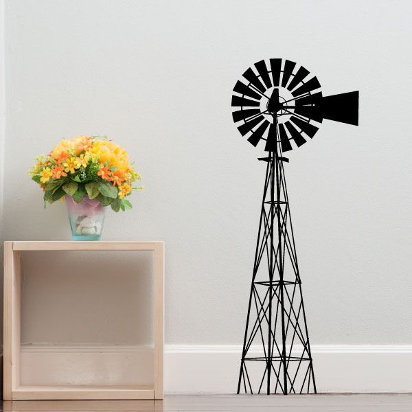 Farm windmill decal, black line-art windmill with vanes and base