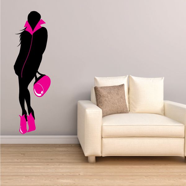 Pink jumpsuit girl silhouette sticker with black outline and pink high heels