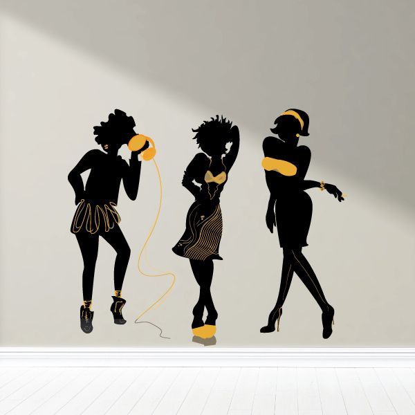 Dancing girl silhouette sticker with three poses, black and gold accents