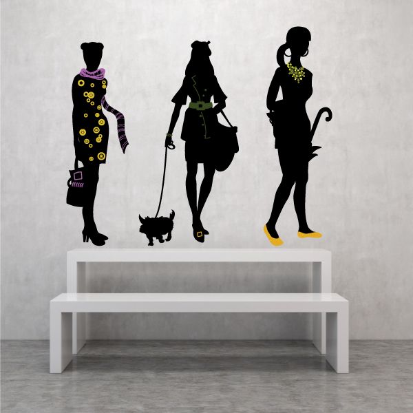 Fashion girls posing stickers, set of three black silhouettes with yellow accents and accessories