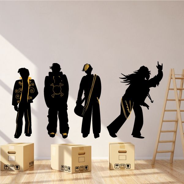 Dancing guys sticker, black silhouettes with gold accents of four poses.