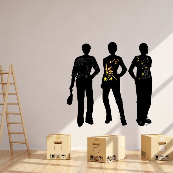 Silhouette people sticker set with three black figures and yellow/orange accent graphics