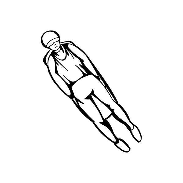 Black-and-white luge rider decal of helmeted racer in sled pose
