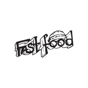 Fast food decal with burger graphic and stylized black lettering