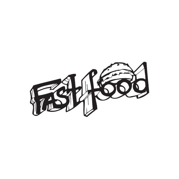 Fast food decal with burger graphic and stylized black lettering