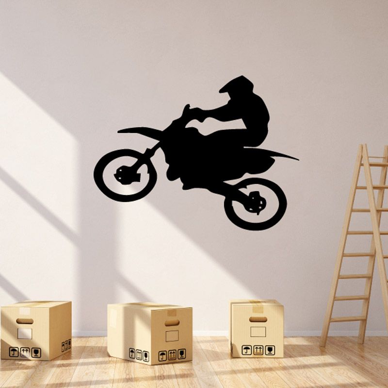 Motocross dirt bike decal with black rider silhouette and wheels