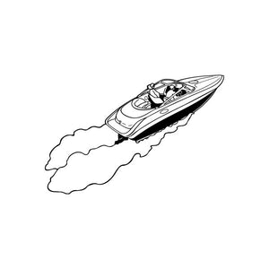 Speedboat decal with line-drawn boat and trailing wake
