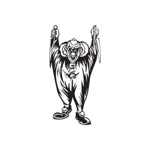 Clown with knives decal, black-and-white cartoon figure with dagger-like blades