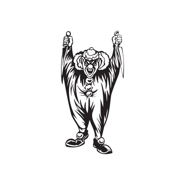 Clown with knives decal, black-and-white cartoon figure with dagger-like blades