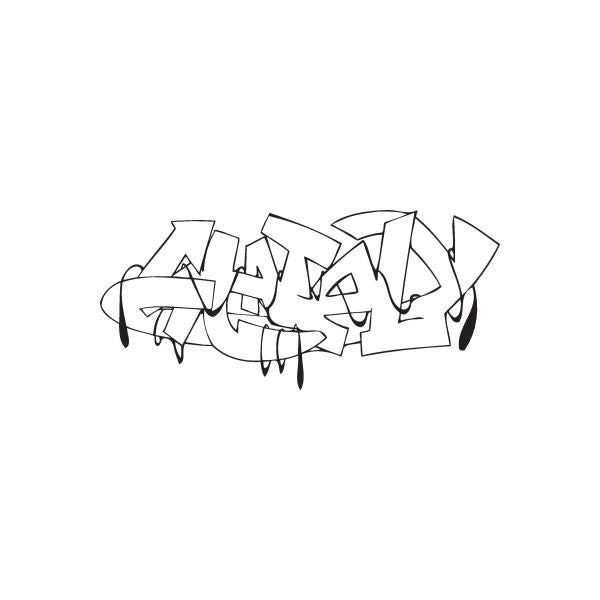 Graffiti decal with dark cartoon faces and jagged tags, monochrome