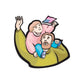 Cartoon father and son celebration sticker, waving and holding a small American flag