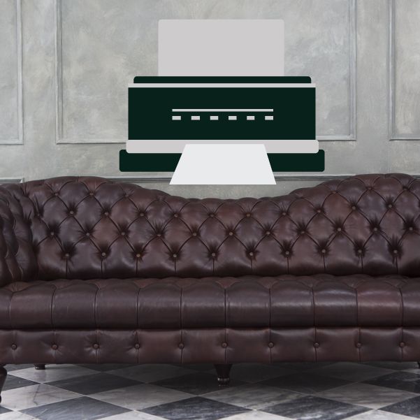 Fax machine wall decal in dark green with gray paper and accents