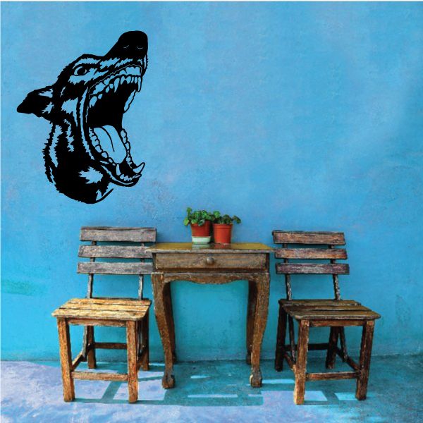 Fearsome dog bark decal, black and white snarling dog head