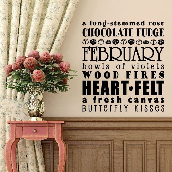 February word collage wall decal with bold typography and heart details