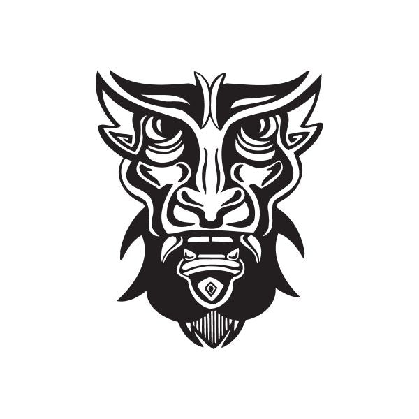 Black tiki-style cat head decal with tribal mask face and bold outlined details