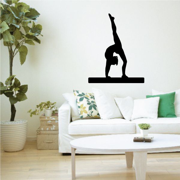 Balance beam woman wall decal, black silhouette standing on raised bar