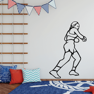 Female boxer wall decal, standing pose with gloves and headwrap silhouette