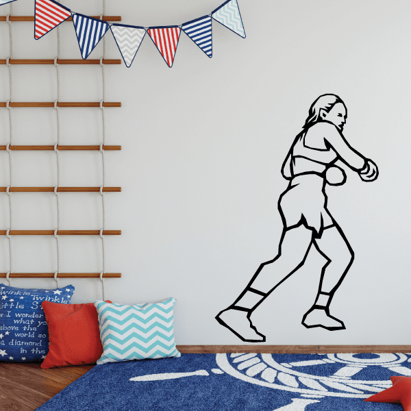 Female boxer wall decal, standing pose with gloves and headwrap silhouette
