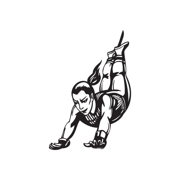 Female bungee jumping decal with black line art of crouching jumper in harness holding cord