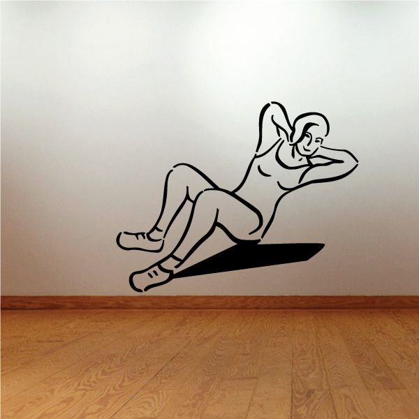 Fitness wall decal of a woman doing sit-ups, seated crunch pose in black line art
