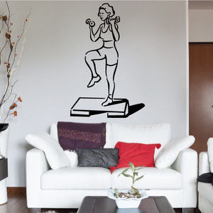 Fitness wall decal of a woman doing step aerobics, black line art