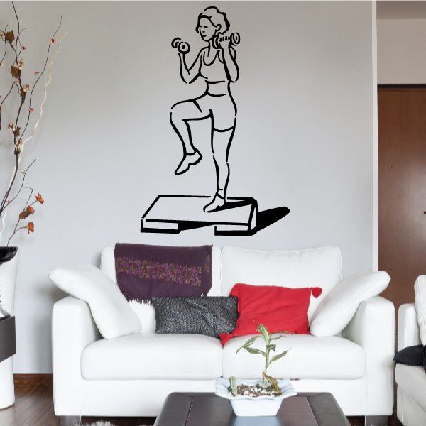 Fitness wall decal of a woman doing step aerobics, black line art