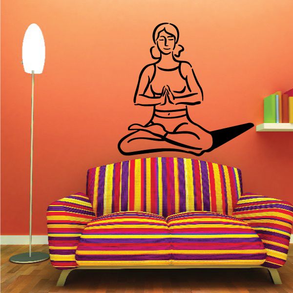 Meditating woman wall decal in lotus pose, black line art
