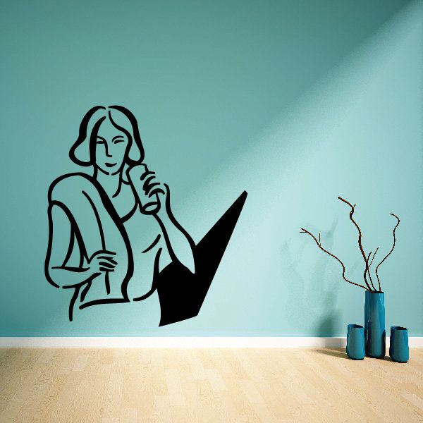 Female water-drinking vinyl wall decal, black line art of woman holding bottle