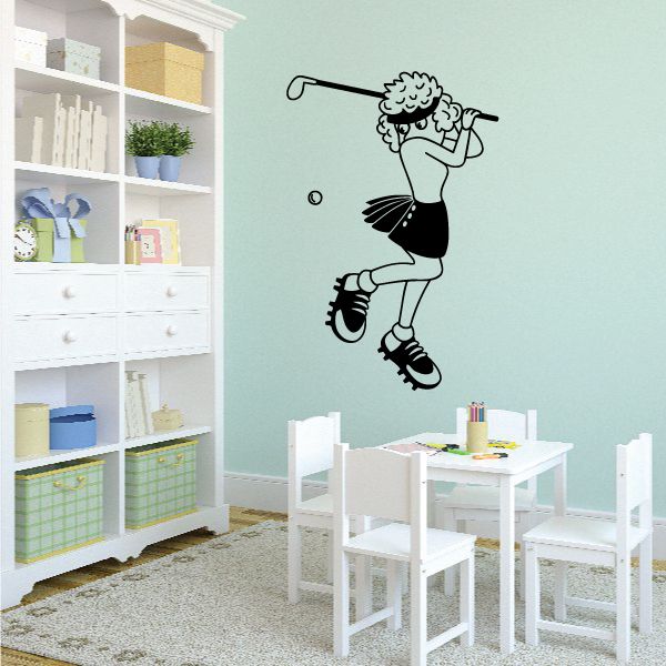 Female golfer wall decal vinyl sticker, black outline woman swinging a club