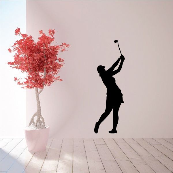 Female golfer silhouette decal, black figure in swing pose