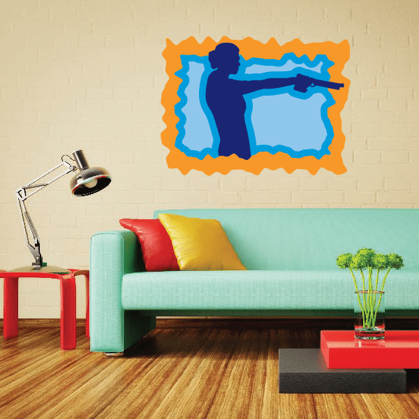 Female handgun graphic sticker with blue figure inside orange jagged border
