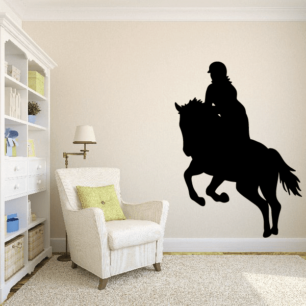 Horseback rider leaping wall decal with black silhouette of female rider on horse